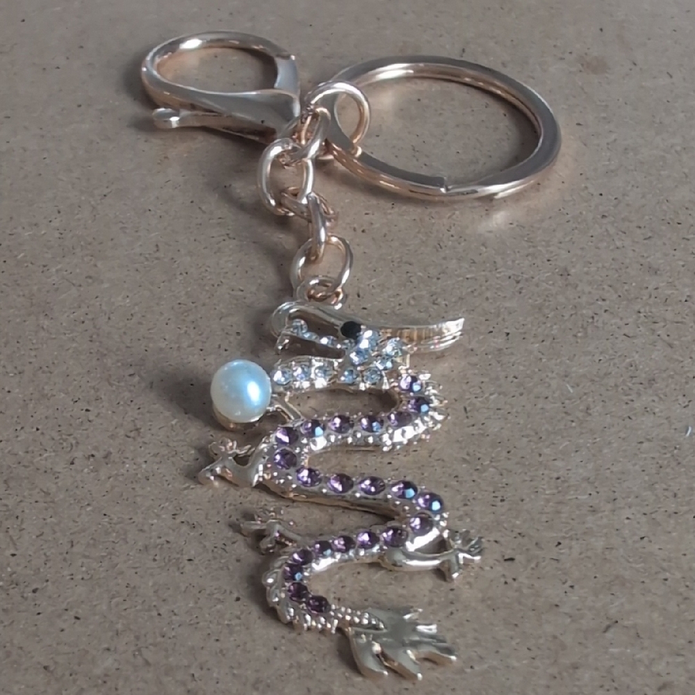 Gold-Tone Dragon Keychain with Purple Rhinestones and Faux Pearl
